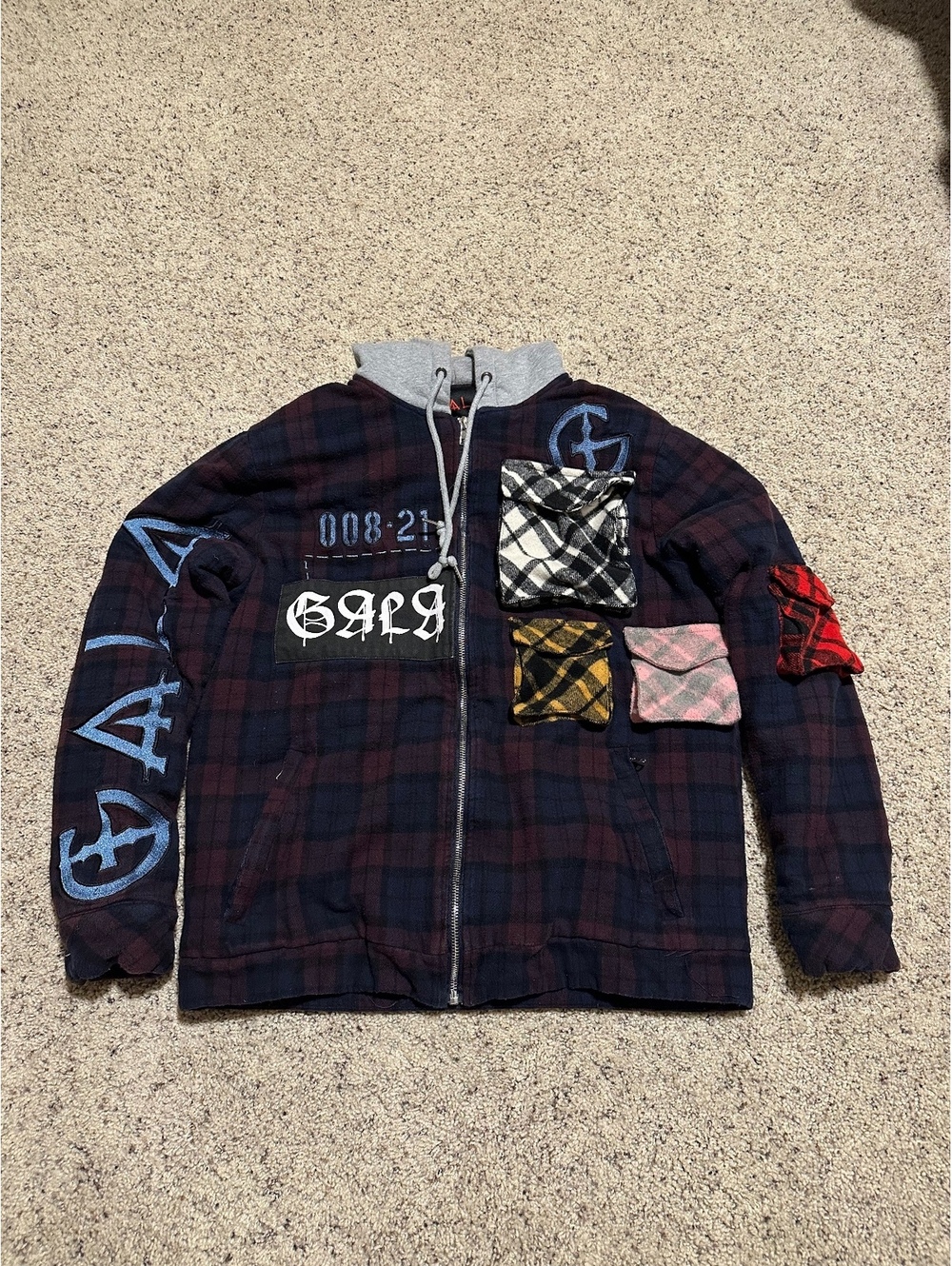 GALA Plaid Hooded Jacket with Patch Pockets and Graphic Details, Size M